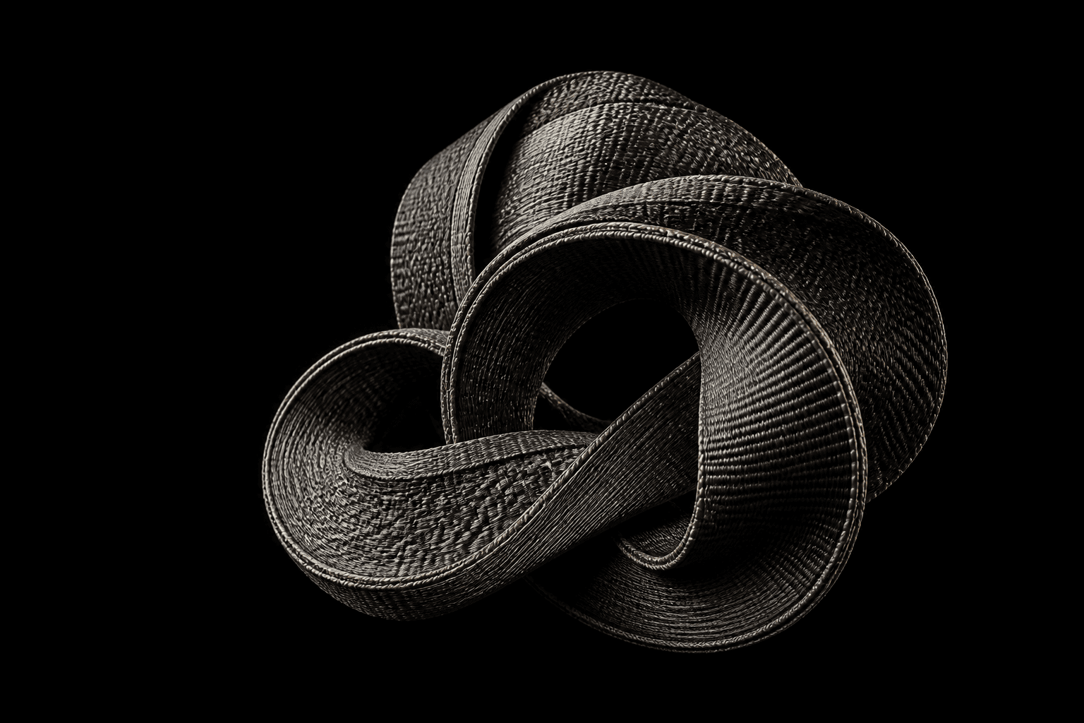 Conceptual sculptural loop formed from layered dark woven textile